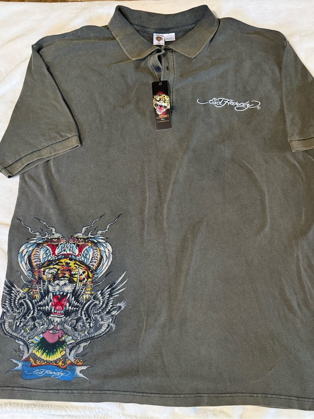 Ed Hardy vintage Olive Green Polo with Multicolor Tiger Graphic